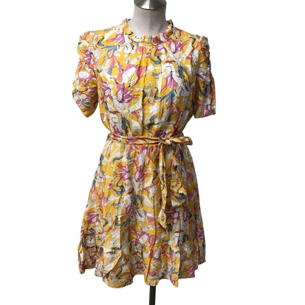 THML Floral Mini Dress Womens S Small Yellow Multi Puff Sleeve Ruffle Mock Neck